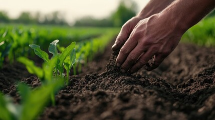 Close-up of a farmer's hands examining soil quality, with green crops in the background, symbolizing sustainable farming practices.