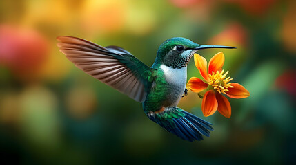 Fototapeta premium A green and blue hummingbird hovers near an orange flower with its wings spread out.