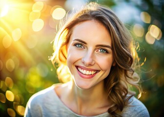 A joyful individual with a bright, warm smile and sparkling eyes, exuding happiness and approachability, surrounded by soft natural light and blurred background.