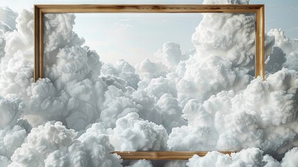 Ethereal cloudscape with wooden frame in celestial meditation space. Soft whites and heavenly glow,...