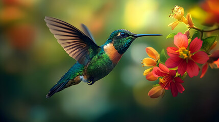 Obraz premium A green hummingbird with orange accents hovers near pink flowers with yellow centers.