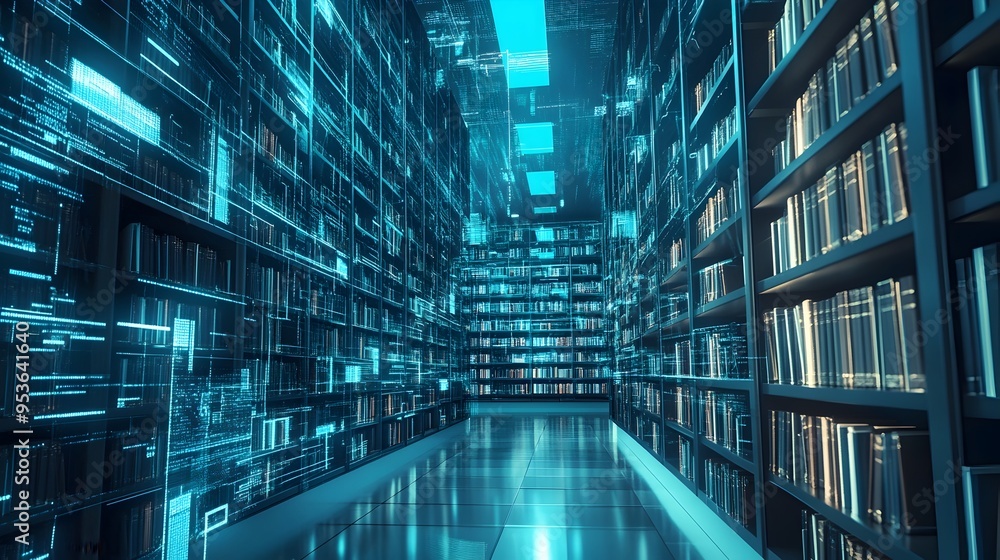 Poster organized virtual library showcasing categorized digital documents and knowledge management
