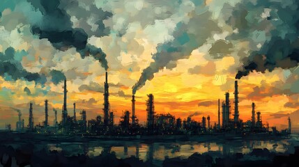 A painting of a city with a large industrial area and a large amount of smoke. The sky is dark and the sun is setting