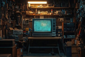 Vintage Television in a Dimly Lit Workshop, Blue Screen