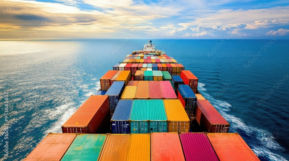 Poster freight ship loaded with colorful containers, sailing across the ocean for import and export logisti