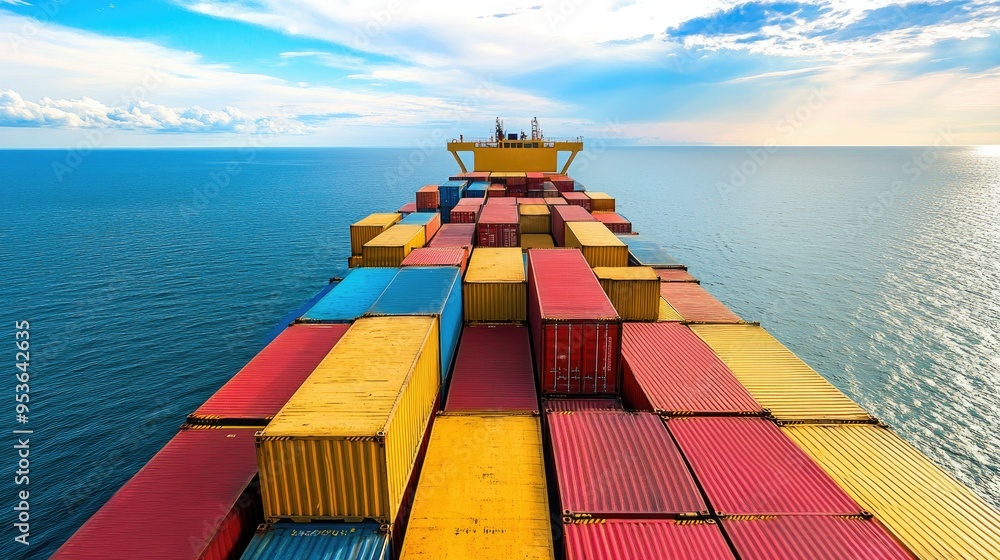 Poster freight ship loaded with colorful containers, sailing across the ocean for import and export logisti