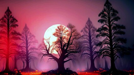 Haunted forest under full moon with dark silhouettes of trees casting eerie shadows spooky atmosphere of a misty night perfect for Halloween themes horror storytelling and chilling visuals