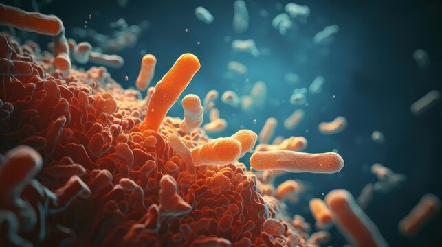 A photorealistic depiction of a Salmonella bacterium under a light microscope, revealing its distinctive lipopolysaccharide coating.