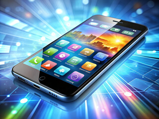 Smartphone turned on with square icons on blue neon background