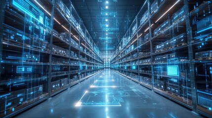 Warehouse shelves with glowing digital interfaces. This photo illustrates the concept of digital transformation and automation in logistics.