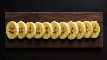 Perfectly Sliced Banana Rounds Arranged on Wooden Board for Healthy Eating