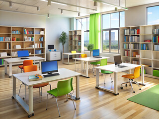 Interior of a school classroom with white tables with laptops on them, bookshelves and large windows