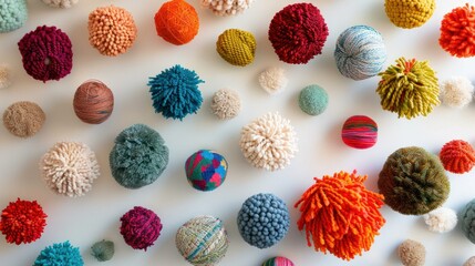 A playful arrangement of Mexican rug yarn balls, each representing a different emotion