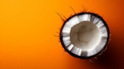 A half coconut shell on an orange background.