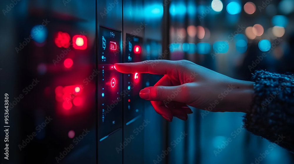 Poster a hand presses a red button on a dark blue and red illuminated control panel.