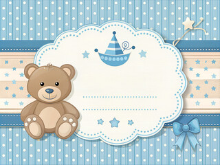 Cute greeting card for the birth of a baby boy in blue tones with a picture of a teddy bear and a boat, on a blue background with stars and space for text