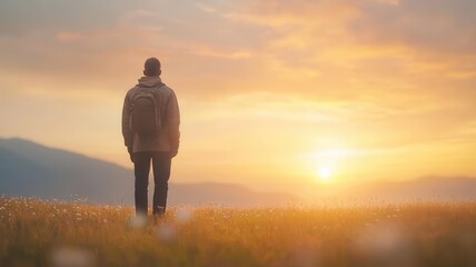 A photographer standing in a wildflower field at sunset, capturing the beauty of the moment, creativity, nature, sunset, photography