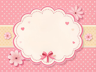 Birthday or holiday card in pink with space for text with hearts, flowers and a bow. On a pink background with white polka dots