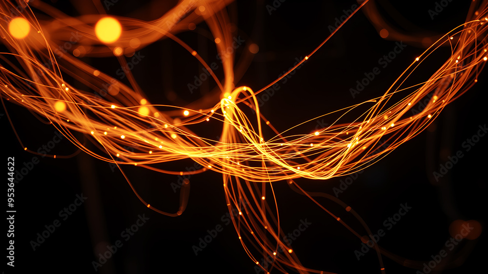 Poster a network of bright, glowing fibers twisting and intertwining, forming a luminous web against a dark