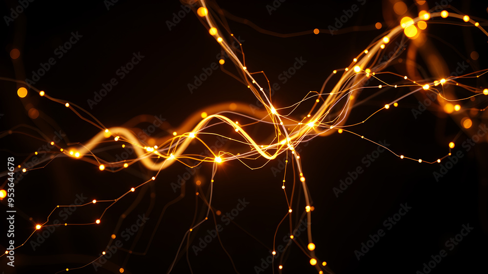 Poster a network of bright, glowing fibers twisting and intertwining, forming a luminous web against a dark
