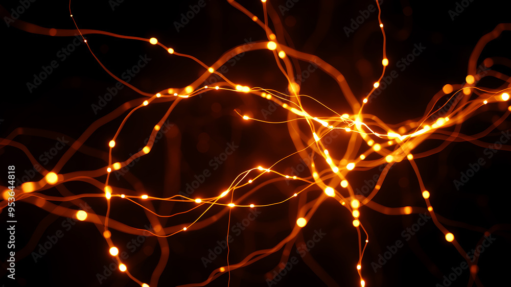 Poster a network of bright, glowing fibers twisting and intertwining, forming a luminous web against a dark
