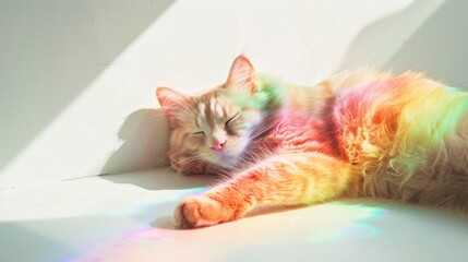 A rainbow-colored cat napping in a sunbeam