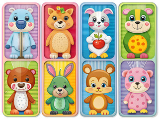 Obraz premium A set of cards with images of cute little animals of unusual colors in a hand-drawn style