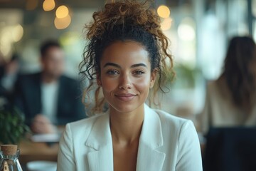 Smiling Businesswoman in Modern Office with Warm Lighting