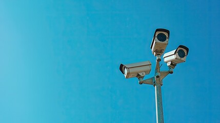 High-resolution image of two surveillance cameras on a pole with a backdrop of a clear blue sky, focusing on their role in urban surveillance.