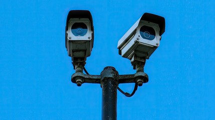 High-resolution image of two surveillance cameras on a pole with a backdrop of a clear blue sky, focusing on their role in urban surveillance.
