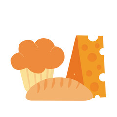 Vector of cake, bread and cheese. Flat design, cartoon illustration. 