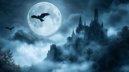 Fototapeta premium The image can be named as Halloween night with a castle under a full moon, dark sky, and clouds