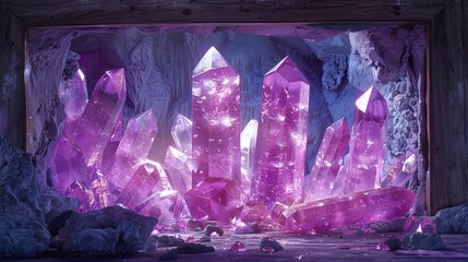 Mystical crystal cave background with wooden frame in fantasy-themed room. Sparkling gems and deep purples