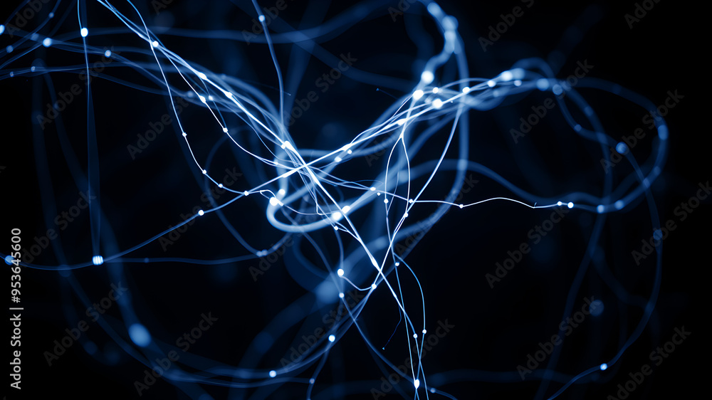Poster a network of bright, glowing fibers twisting and intertwining, forming a luminous web against a dark
