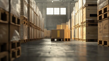 Image of a warehouse with pallets of cardboard boxes, highlighting the concept of package shipment, freight transportation, and efficient delivery operations.