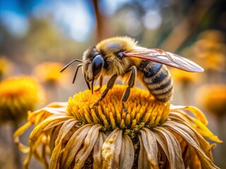 A lonely, droopy bee with faded yellow stripes and wilted wings sits on a withered flower, conveying a