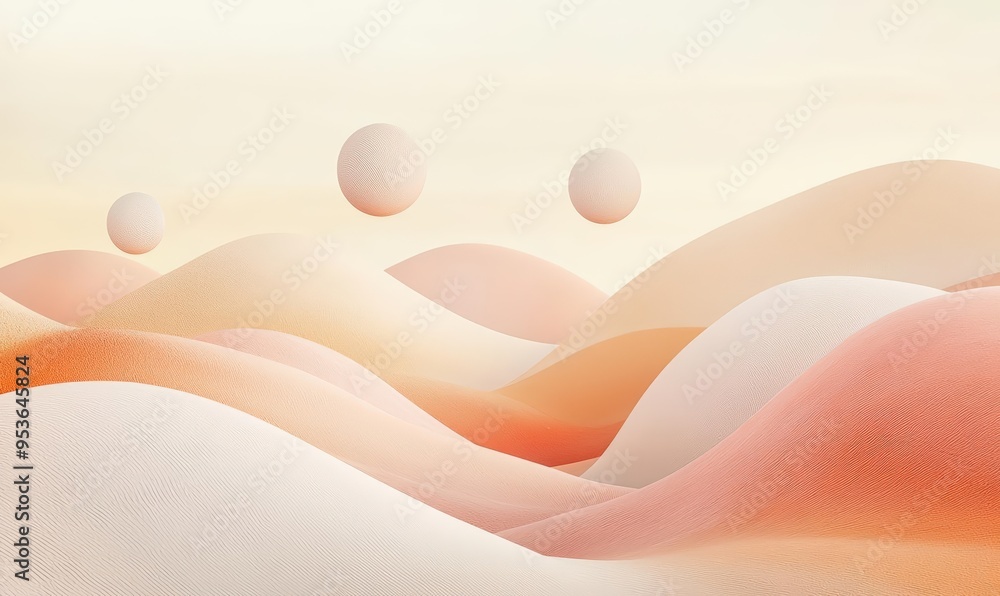 Poster surreal abstract landscape with pastel color scheme and floating spheres