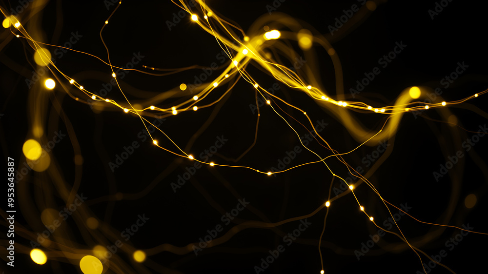 Poster a network of bright, glowing fibers twisting and intertwining, forming a luminous web against a dark