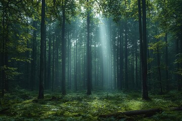 Obraz premium Sunlit Forest with Green Foliage and Ferns in Misty Light