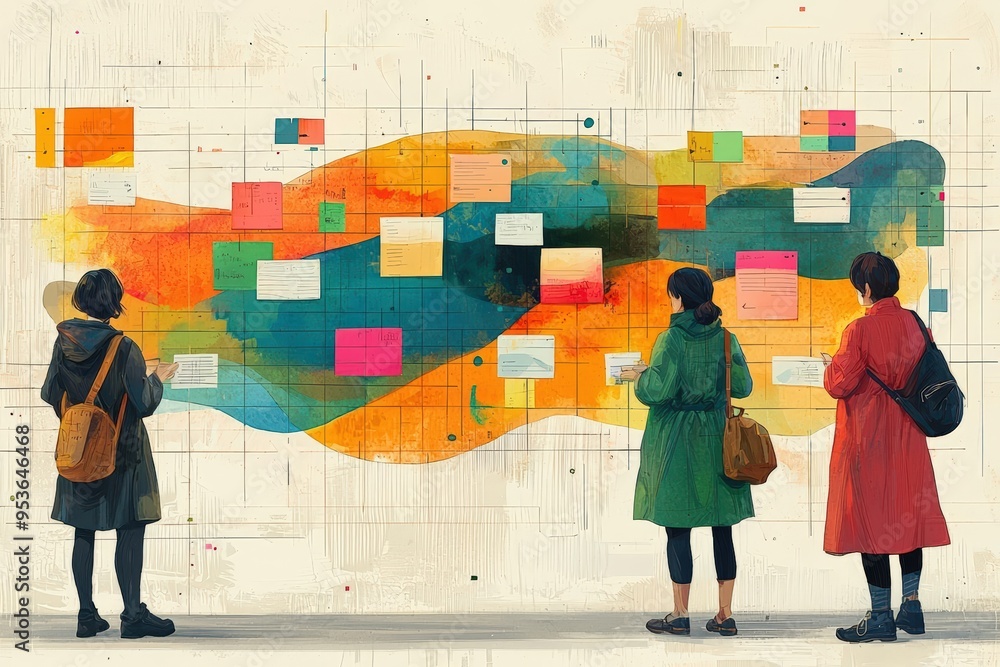 Poster people observing colorful data visualization in modern gallery setting