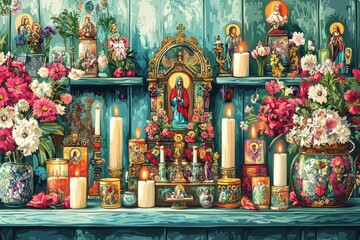 Fototapeta premium Icons Home Altar Eastern Orthodox Christianity Religion Spiritual Symbol
