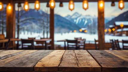 Empty wooden tabletop inside chalet restaurant overlooking snowy mountain view