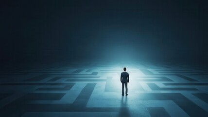 Manager in a labyrinth, with paths labeled low risk and high risk, deciding the way forward, strategy, decision, risk, manager