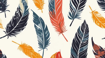 A seamless pattern of stylized feathers in a bold graphic style, reminiscent of Art Deco