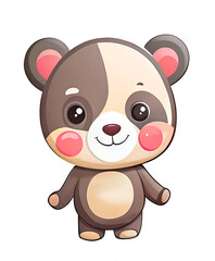 Fototapeta premium Cute little brown bear with white spots and pink cheeks in hand-drawn style on a white background
