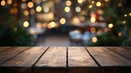 Cozy Wooden Table with Festive Bokeh Lights on Blurred Restaurant Background