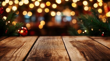 Cozy Wooden Table with Festive Bokeh Lights on Blurred Restaurant Background 