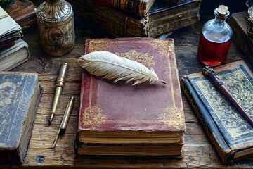 Cozy Bookstagram Flatlay with Vintage Writing Instruments and Ornate Hardcover Books on Rustic