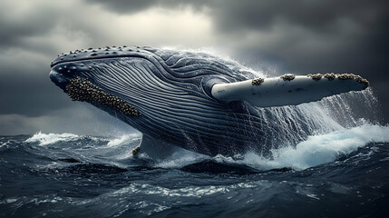 Fototapeta premium A humpback whale breaches the surface of the ocean, creating a spray of water, with a stormy sky above.