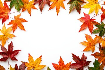 Fototapeta premium Autumn Maple Leaves Flat Lay White Background created with Generative AI